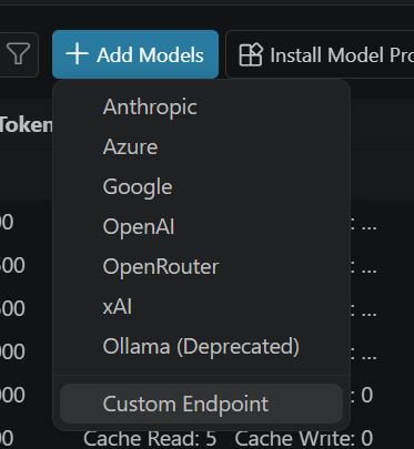 The "Add Models" button with the "Custom Endpoint" provider option