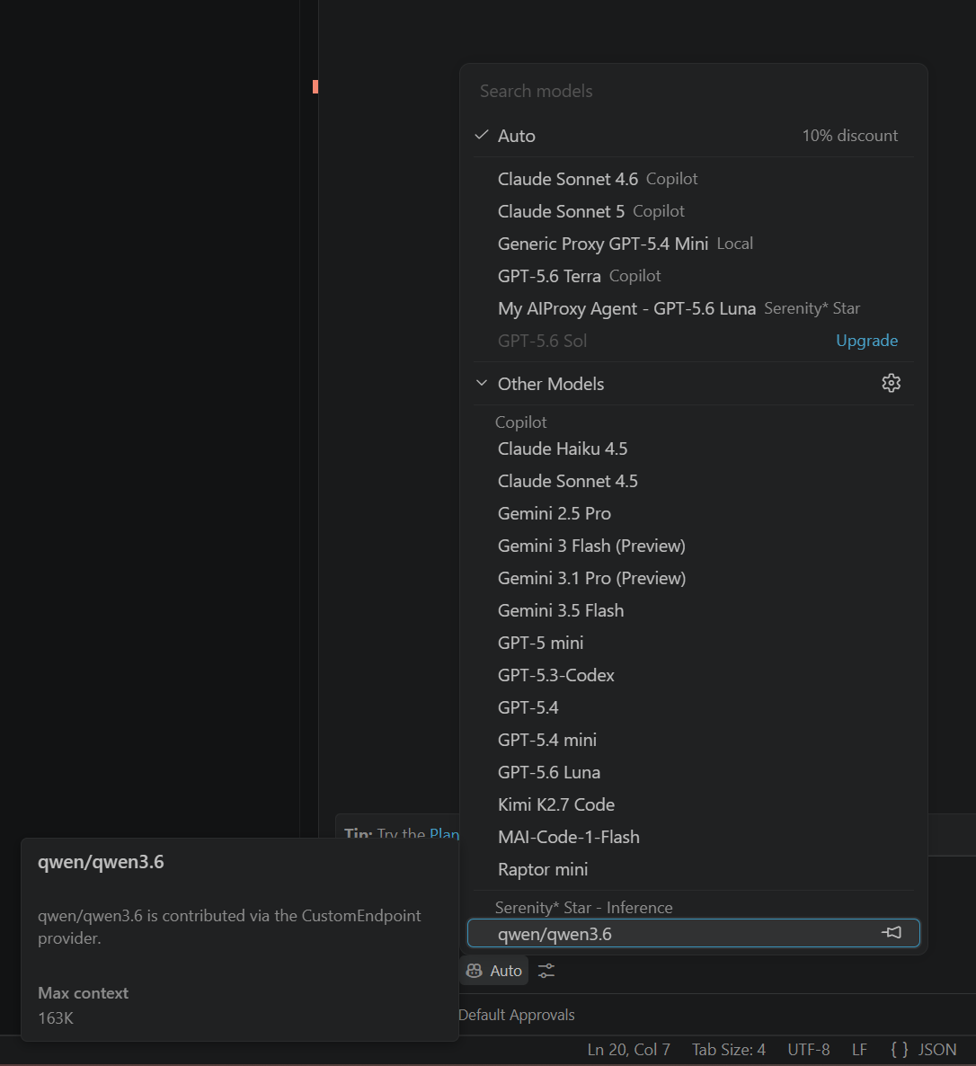 The VS Code Chat model picker with the Serenity* Star inference model selected