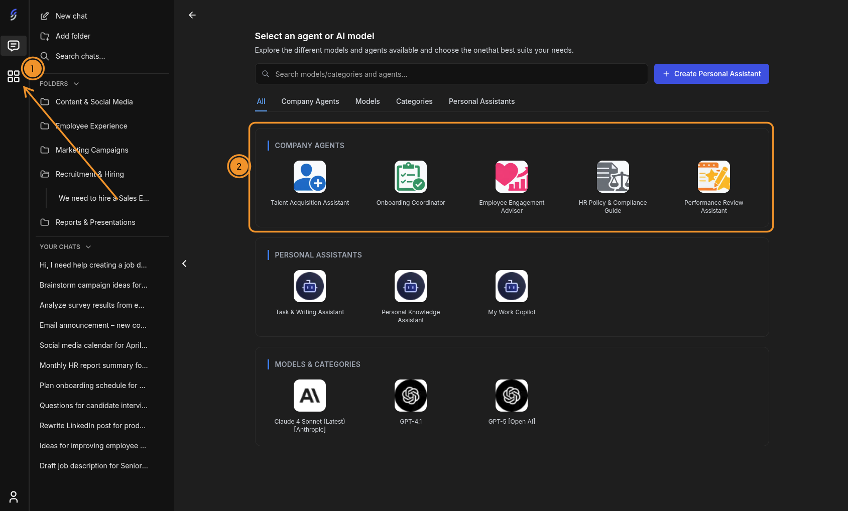 Select an agent or AI model page