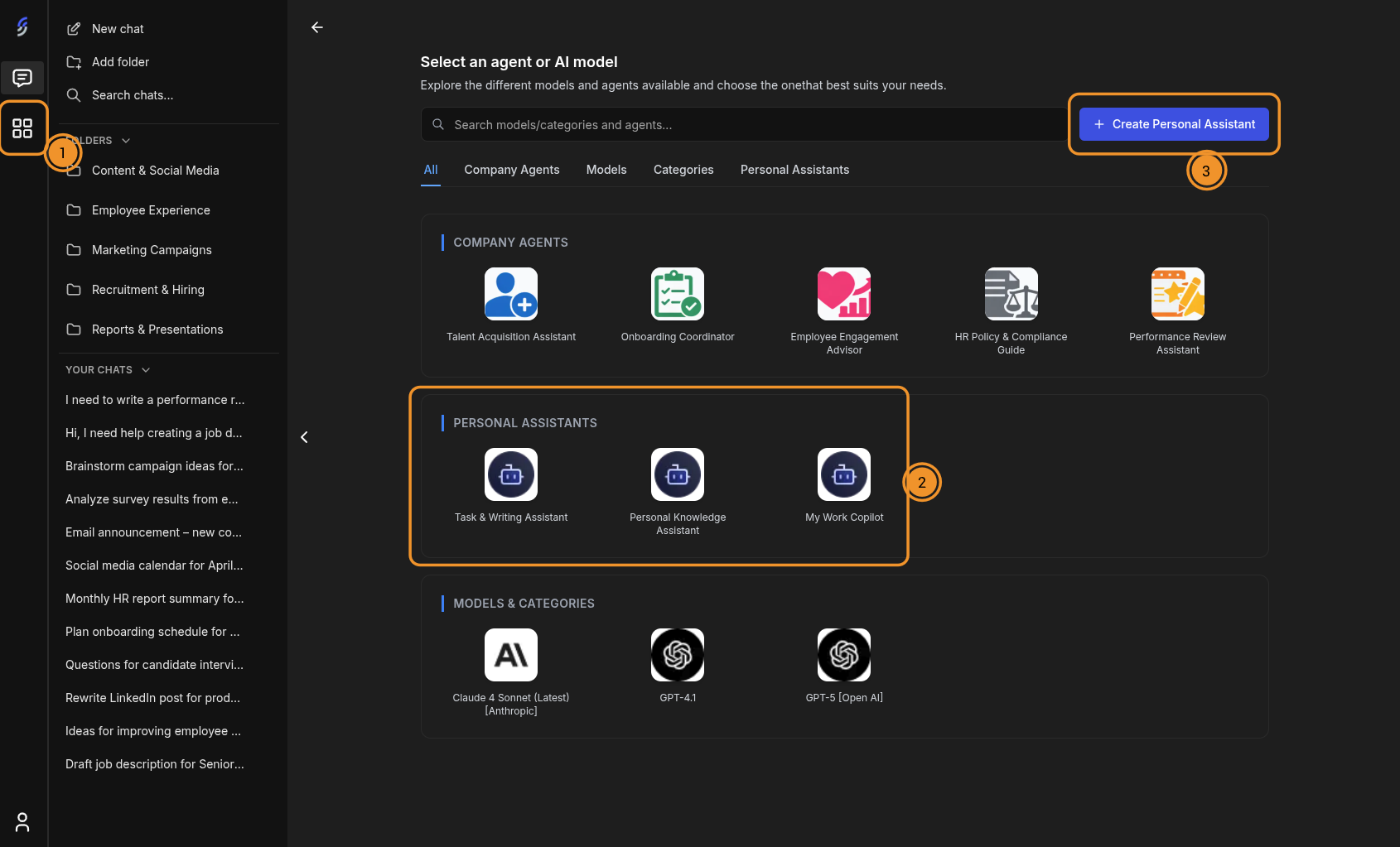 Select a Personal Assistant or create a new one