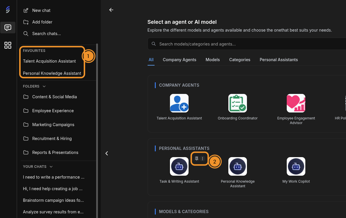 Favourites list with Company Agents and Personal Assistants
