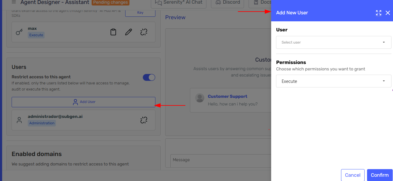 Side panel for adding user and selecting permission