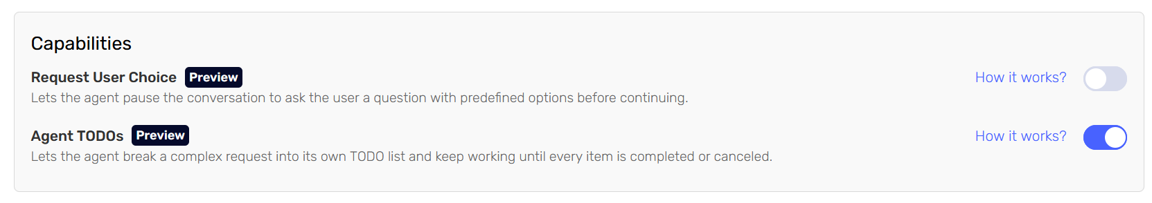 The Agent TODOs switch enabled under Capabilities