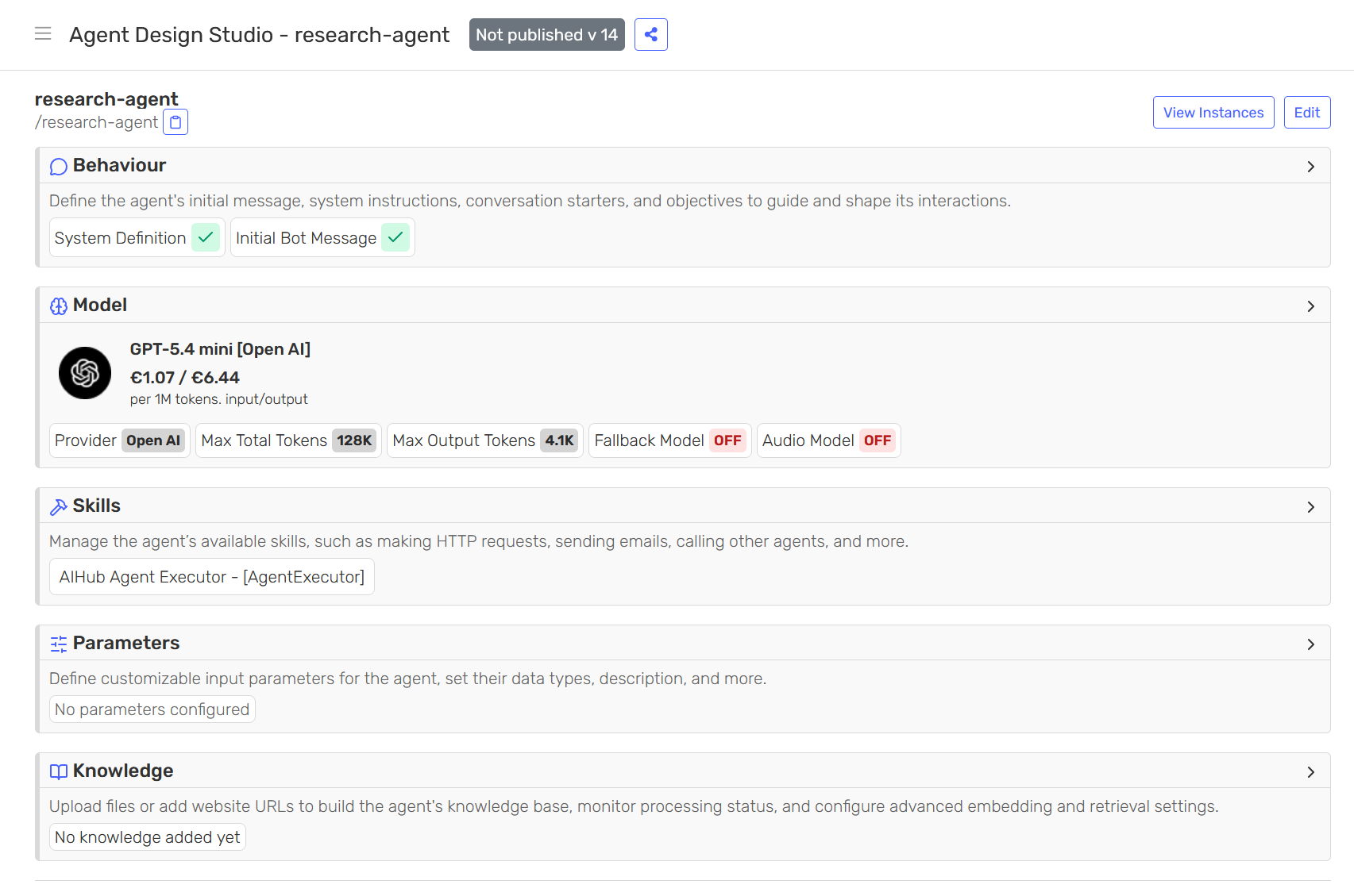 An agent open in the Agent Design Studio