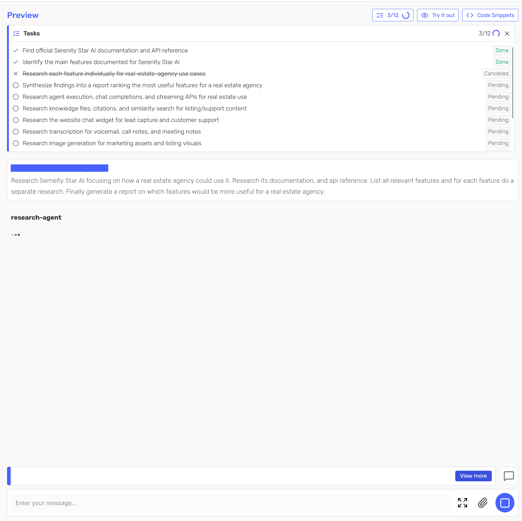 Agent Design Studio preview showing a TODO list with items progressing from Pending to Completed
