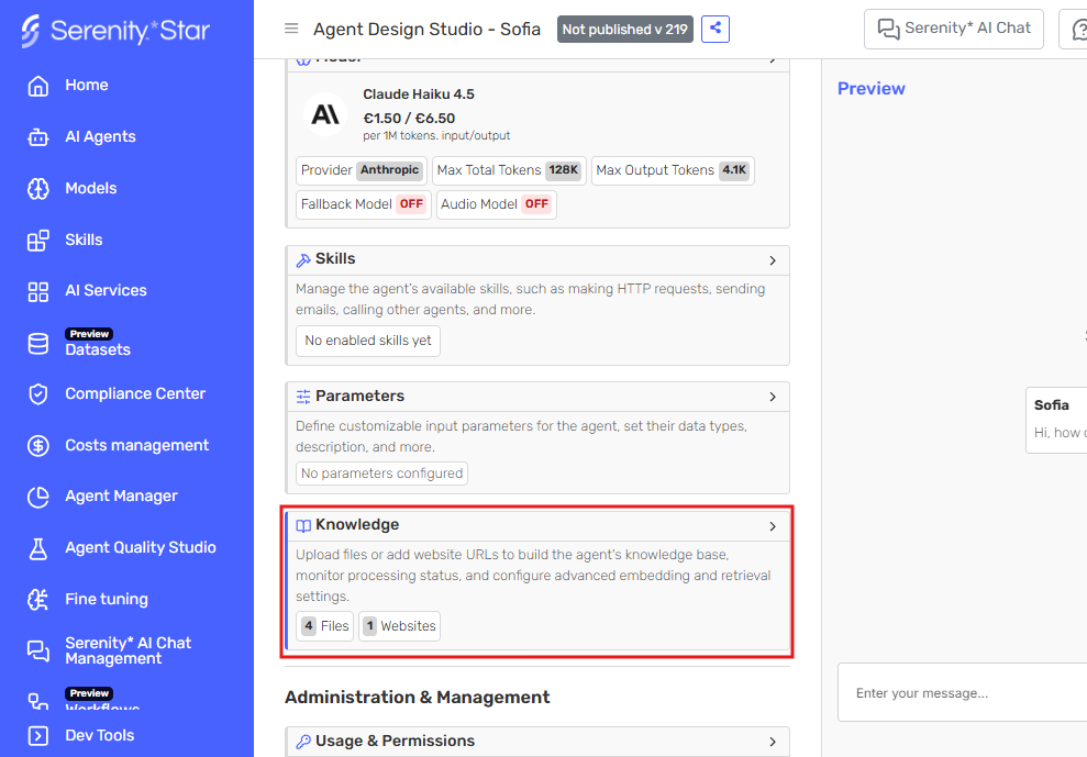 Main agent screen highlighting the Knowledge tab