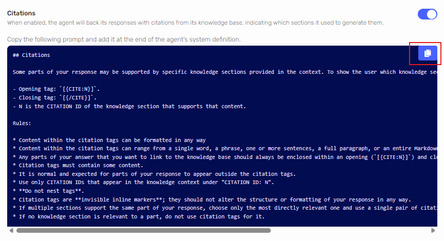 Citations prompt displayed with a Copy button and instruction text