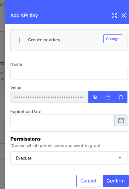 Form for creating a new API Key and selecting permission