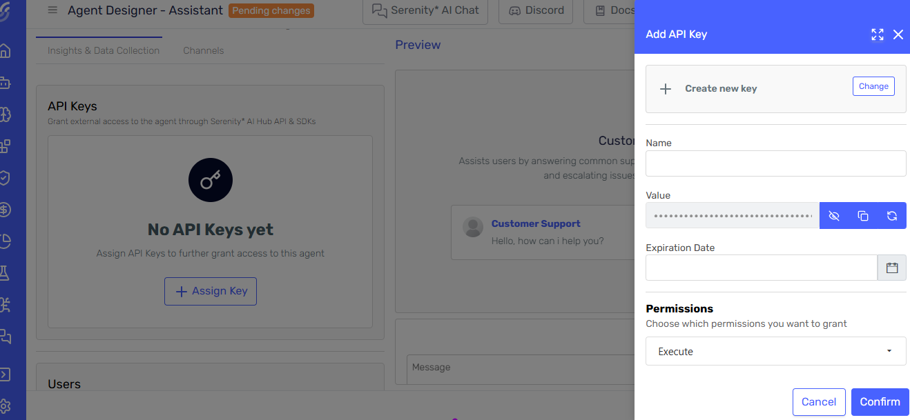 Form for creating a new API Key and selecting permission