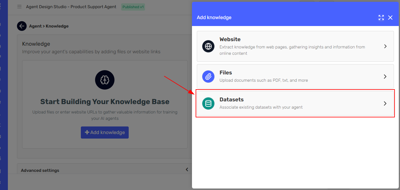 Add knowledge modal with datasets option