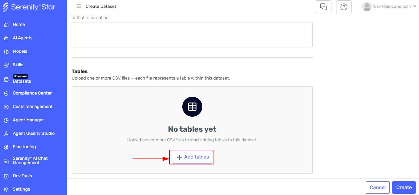 Add table button with empty state