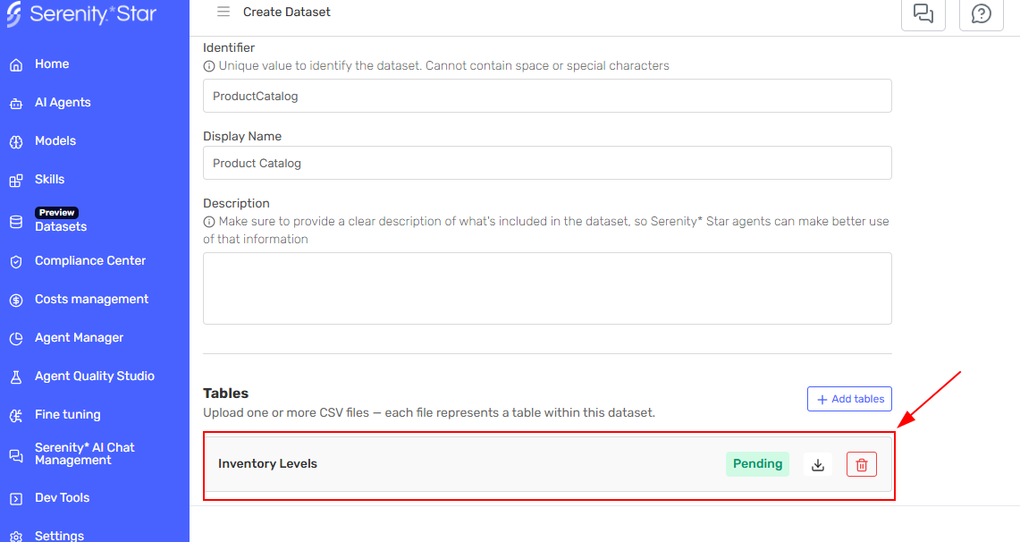 Table card with pending status