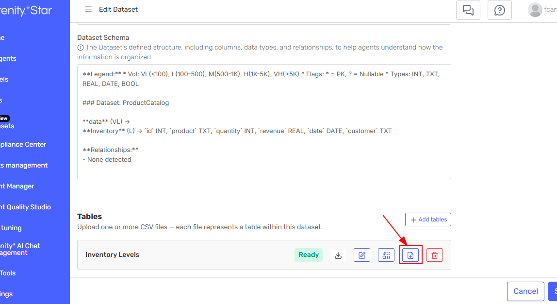 Table card with Append button
