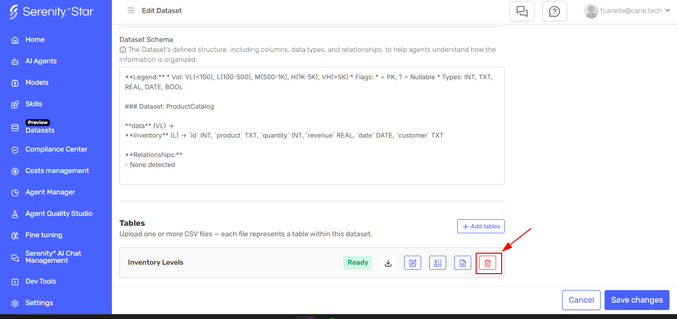 Delete button on table card
