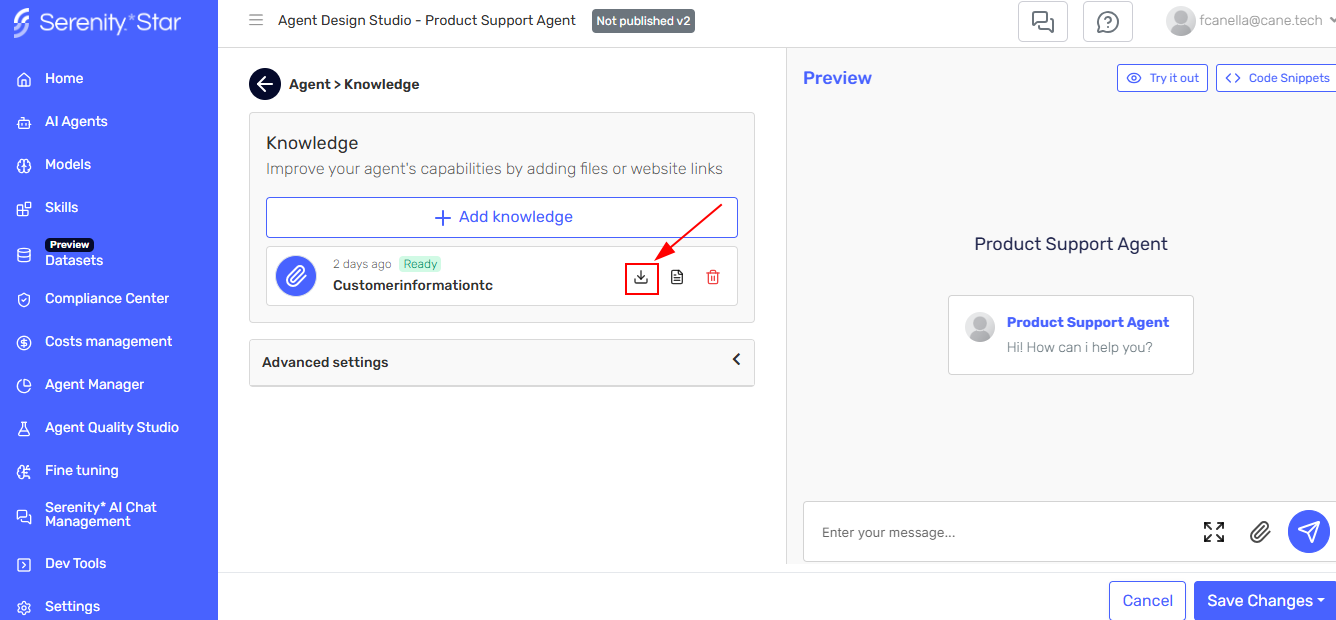 Download icon in Agent Design Studio