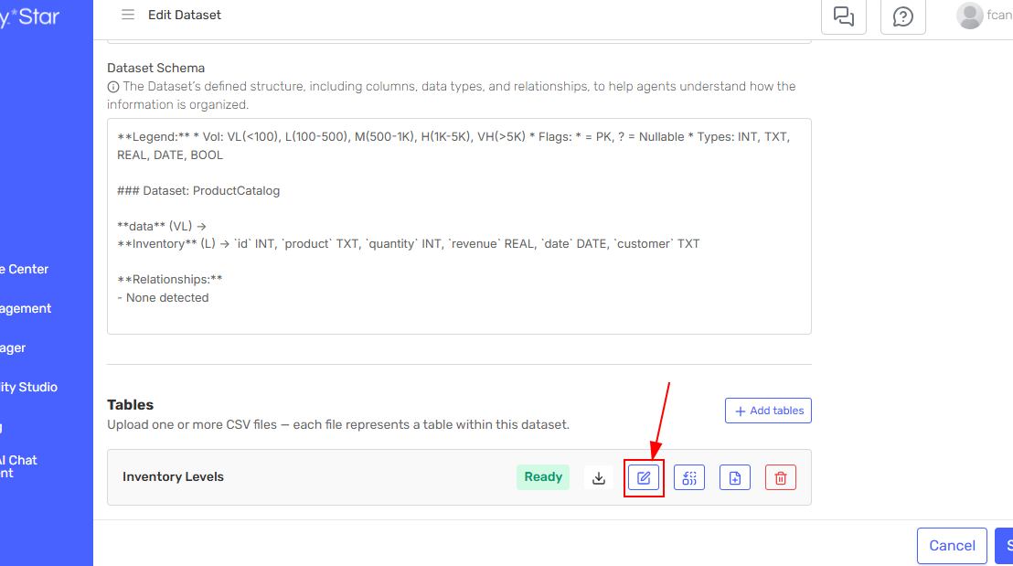 Table card with Edit button