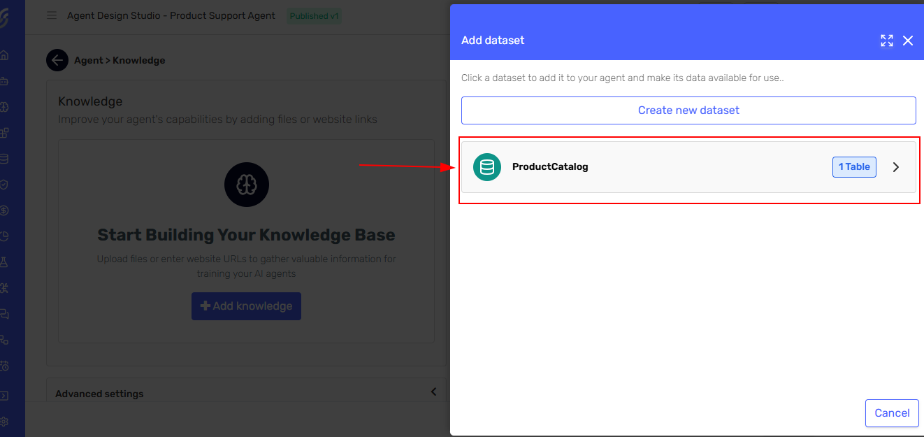 Dataset selection panel