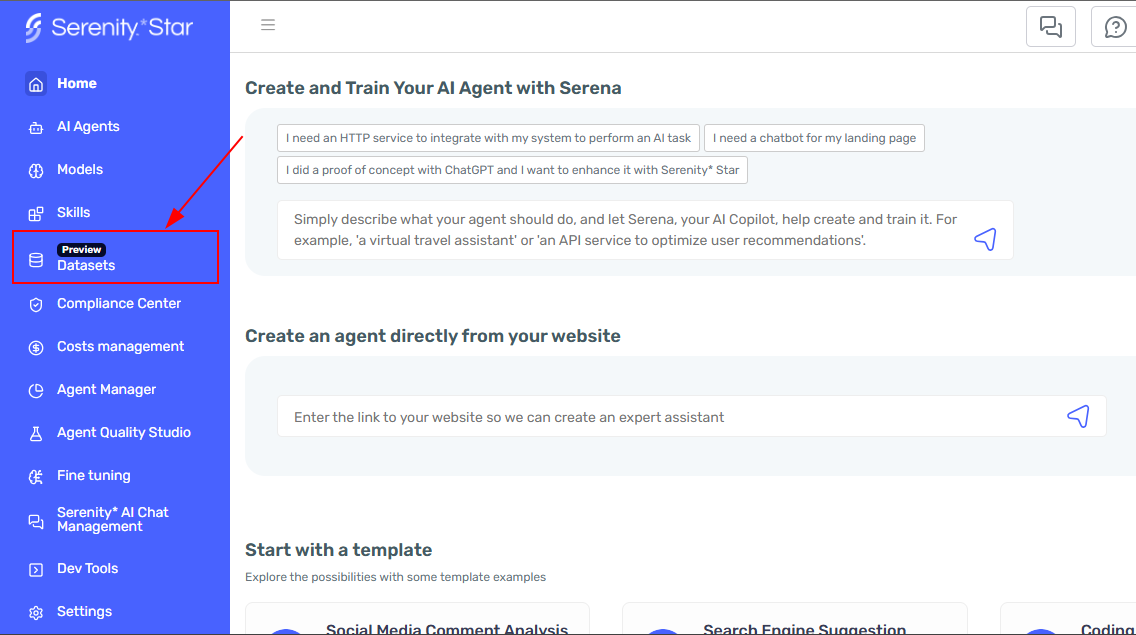 Datasets sidebar access