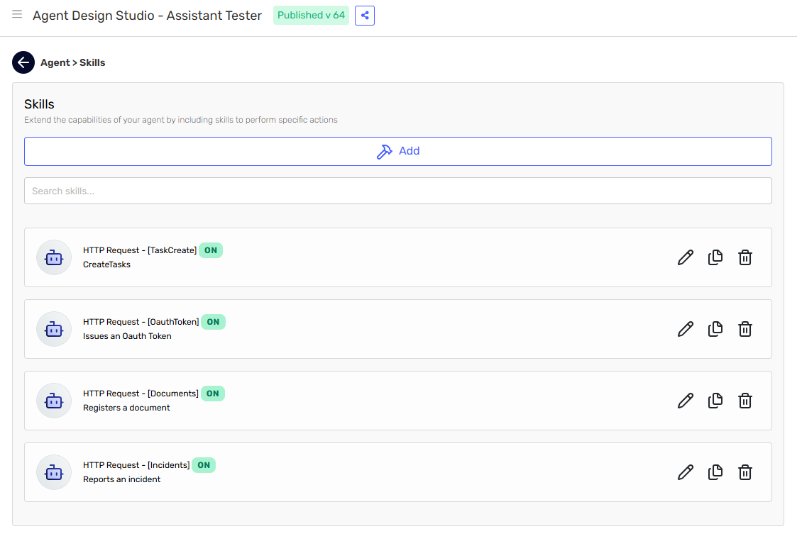 Agent Designer Skills tab
