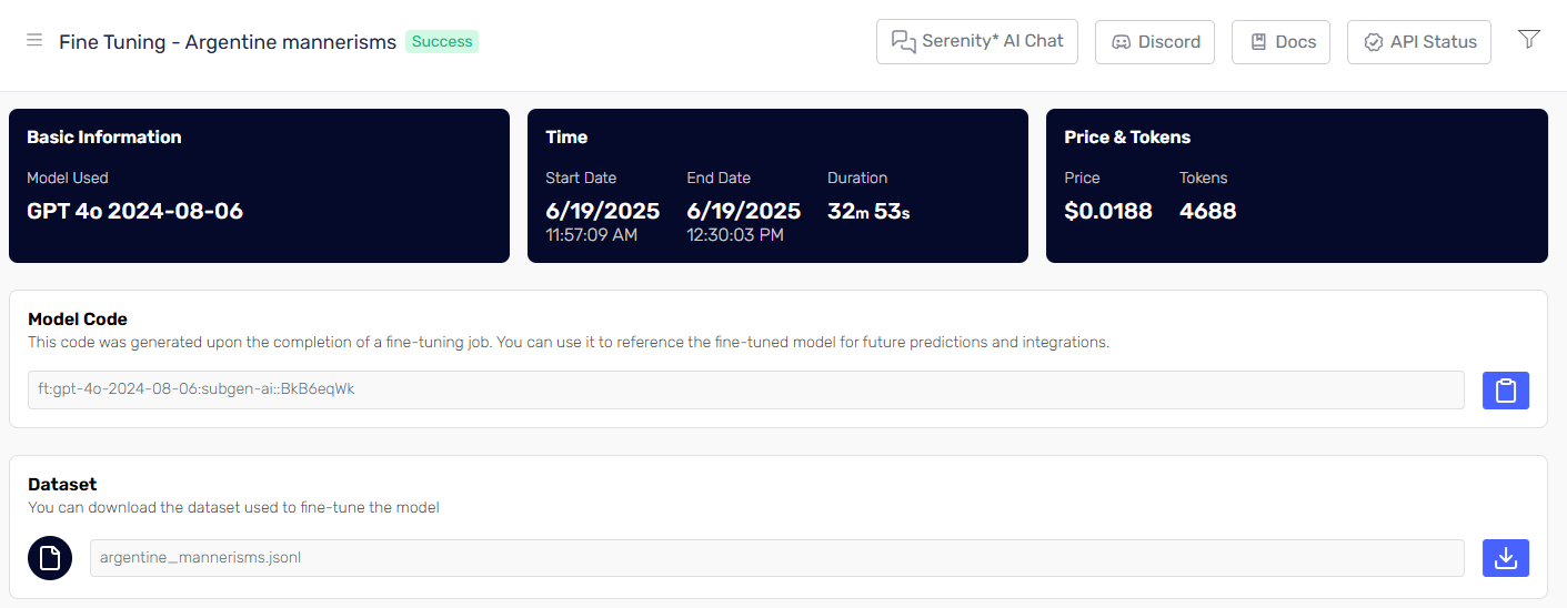 Create fine tuning request success details