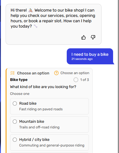 A chat asking Choose an option, with the question What kind of bike are you looking for? and the options Road bike, Mountain bike and Hybrid / city bike