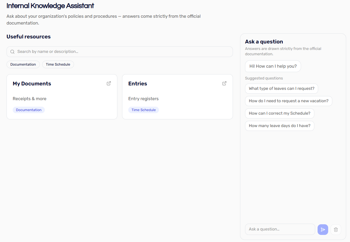 The Internal Knowledge Assistant, with a searchable list of useful resources beside a question panel offering suggested questions