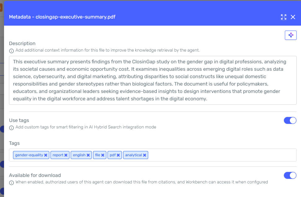 The knowledge file metadata dialog, with the Available for download toggle enabled below the description and tags