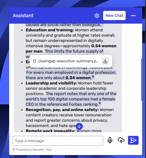 A citation in the chat widget showing the cited PDF with a download button beside its name