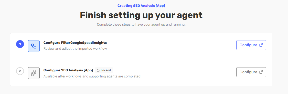 The Finish setting up your agent screen for SEO Analysis, showing the configuration it still needs