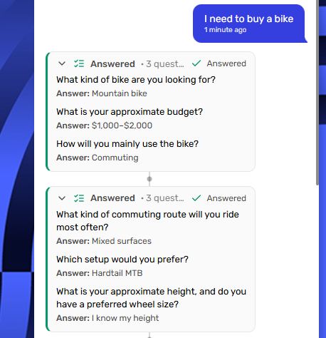 Two answered question groups in the conversation, each collapsed into a summary of the questions and the answers given