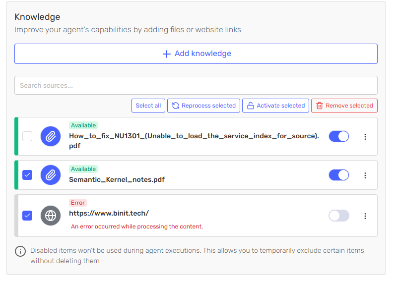The Knowledge section with sources selected and the bulk actions Reprocess selected, Activate selected and Remove selected