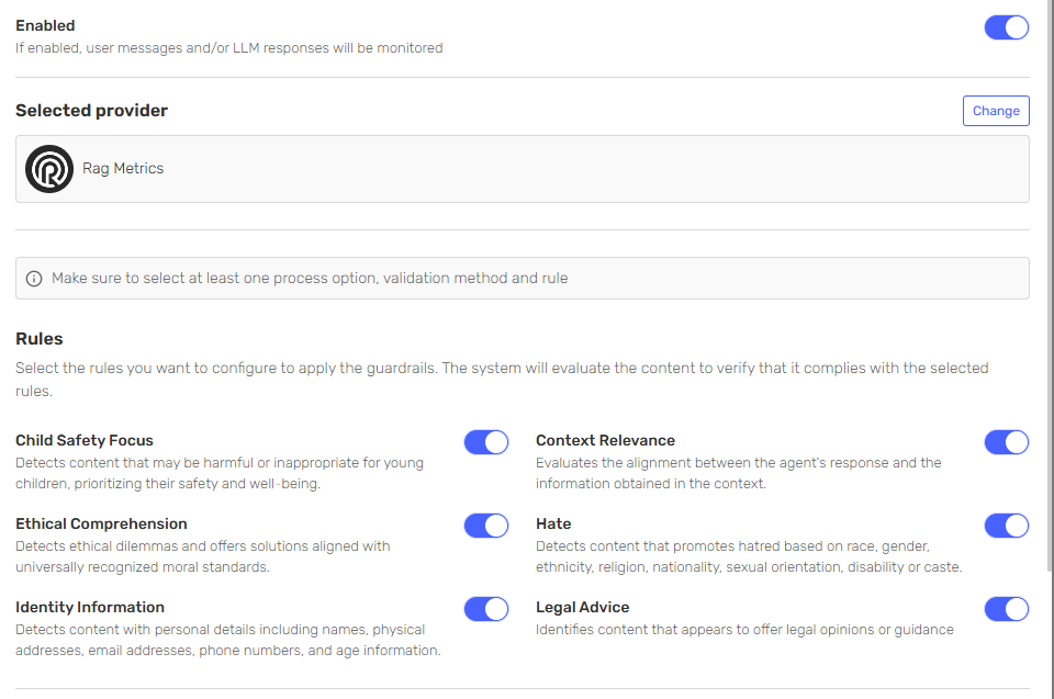 RAG Metrics configured as a guardrails provider
