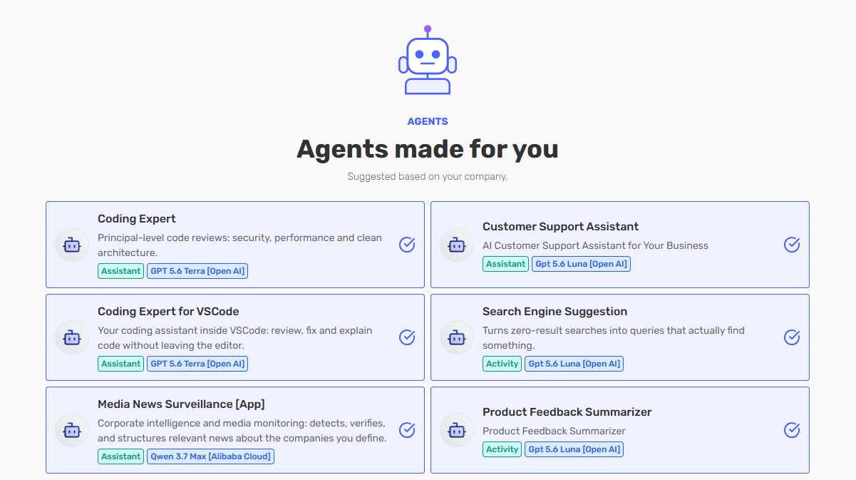 The Agents made for you onboarding step, suggesting agents such as Coding Expert and Customer Support Assistant based on your company