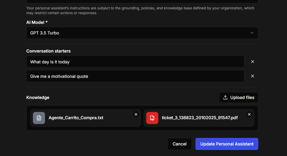 Knowledge configuration for a personal assistant