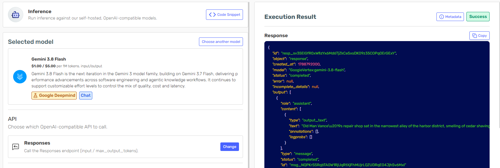 The Inference playground with Gemini 3.8 Flash selected and the Responses API chosen, beside a successful execution result