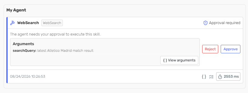 A WebSearch skill call marked Approval required, showing its arguments with Reject and Approve buttons