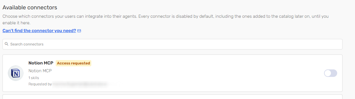 The Available connectors list showing Notion MCP marked Access requested, with the name of the user who requested it