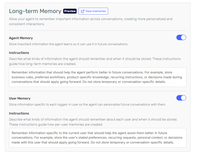 Long-term Memory settings with Agent Memory and User Memory enabled, each with its own instructions