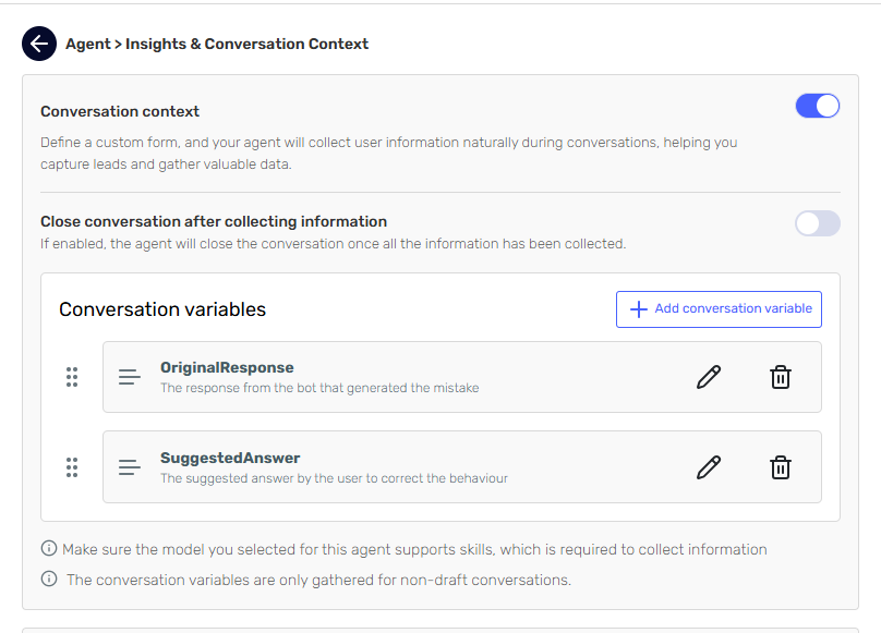Conversation context variables screenshot