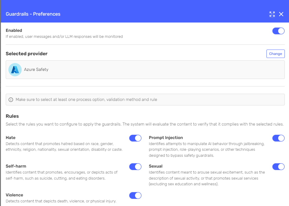 Azure Safety configured as a guardrails provider