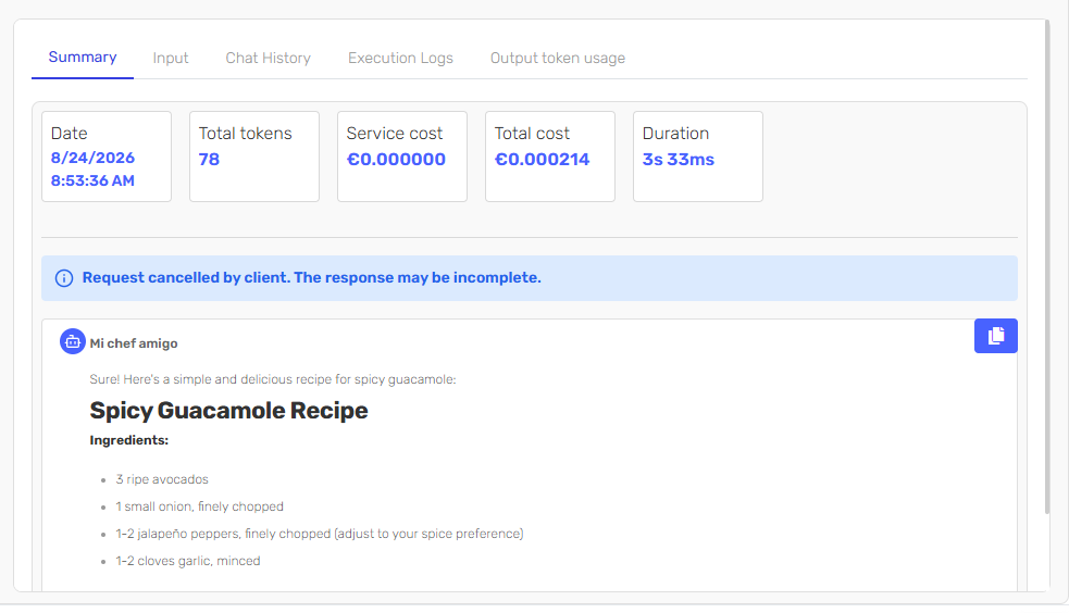 An instance summary reporting that the request was cancelled by the client and the response may be incomplete