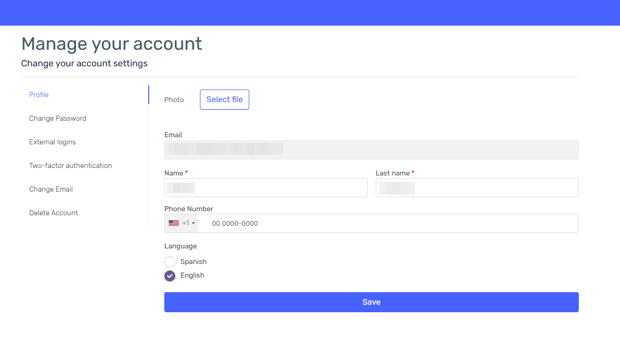 Account settings in authentication portal