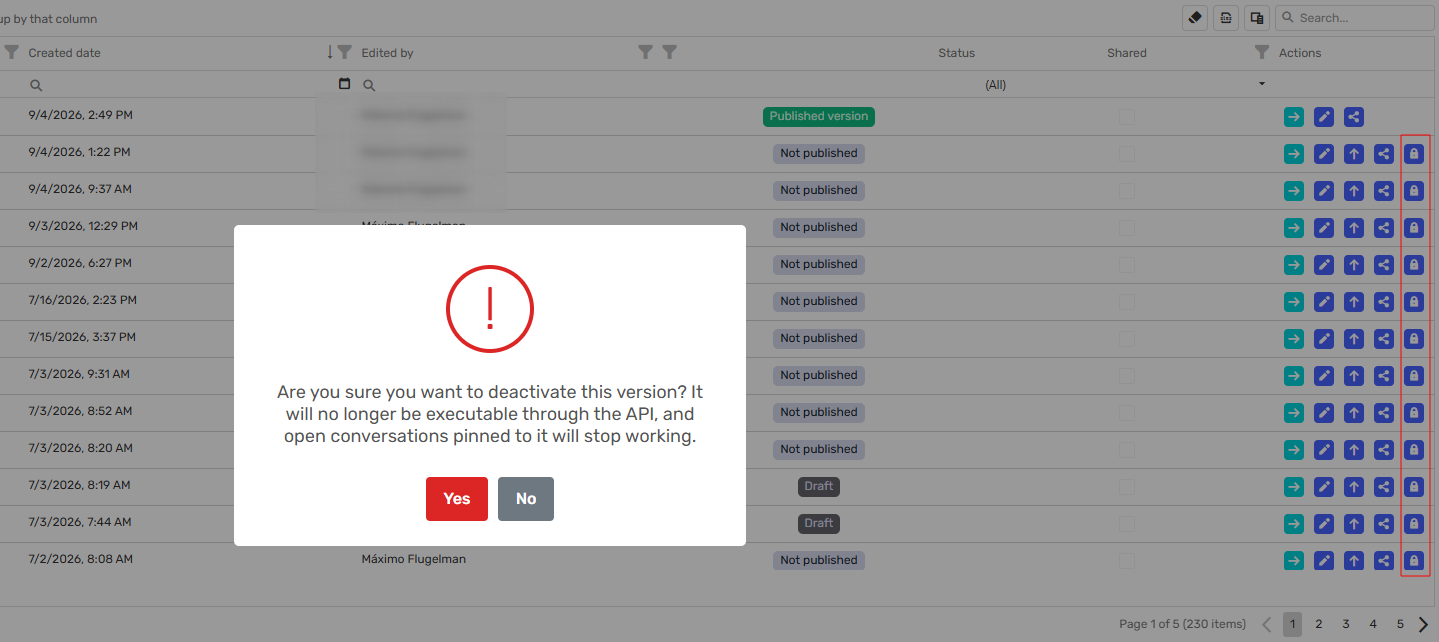 A confirmation dialog warning that a deactivated version will no longer be executable through the API and that open conversations pinned to it will stop working