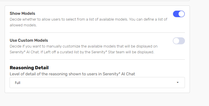 Serenity* AI Chat settings with the Reasoning Detail selector set to Full