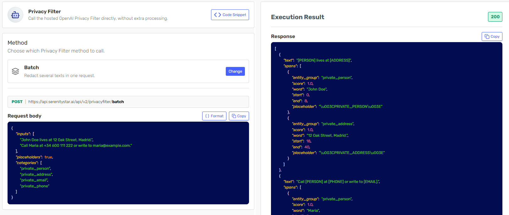 The Privacy Filter playground calling the batch method, with a request redacting names and addresses and the redacted response beside it