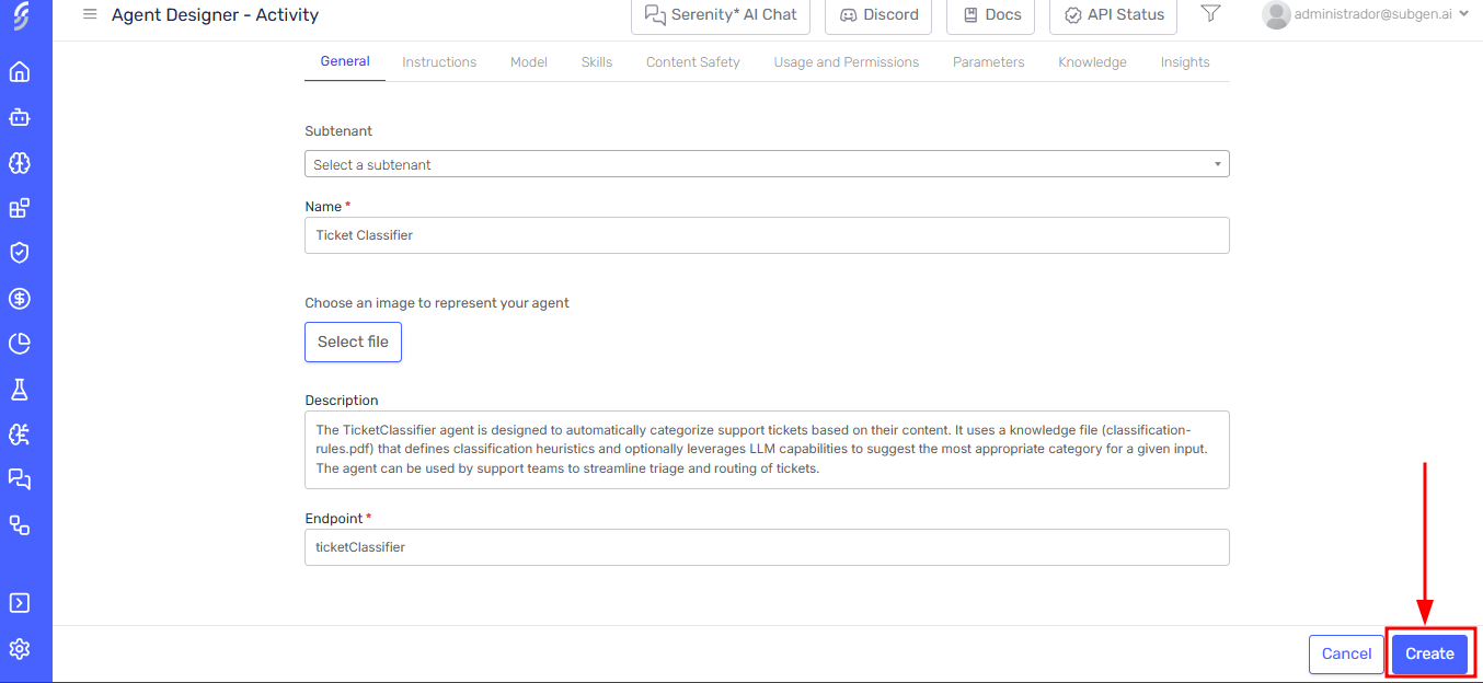 Import agent creation screen