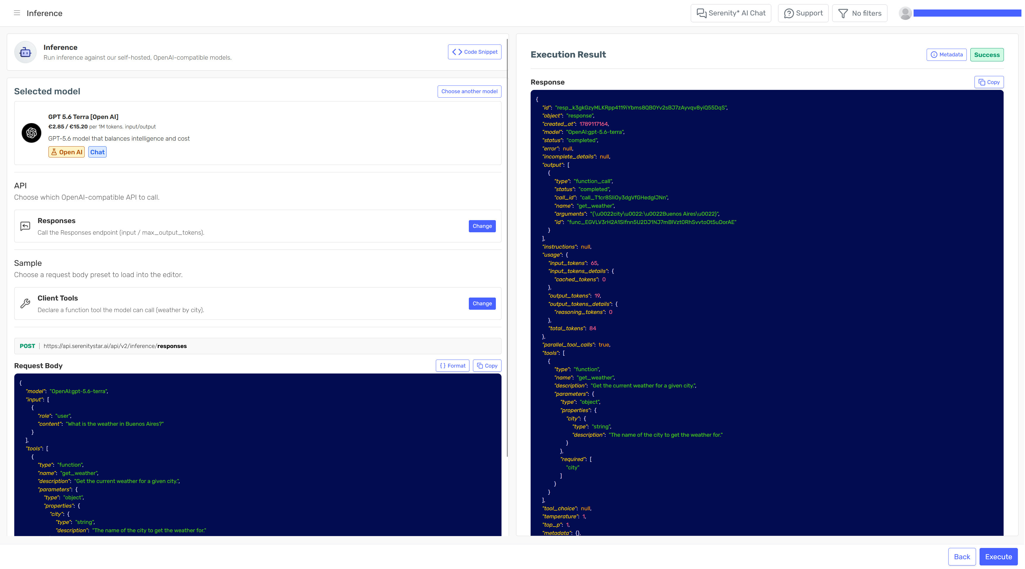 The Inference Playground in Serenity* Star, showing the model selector and request panel under AI Services > Inference