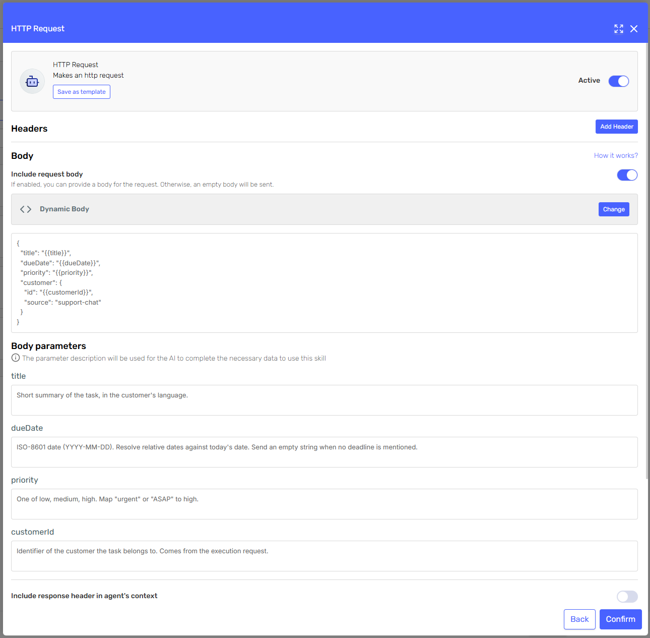 TaskCreate dynamic body template and parameters