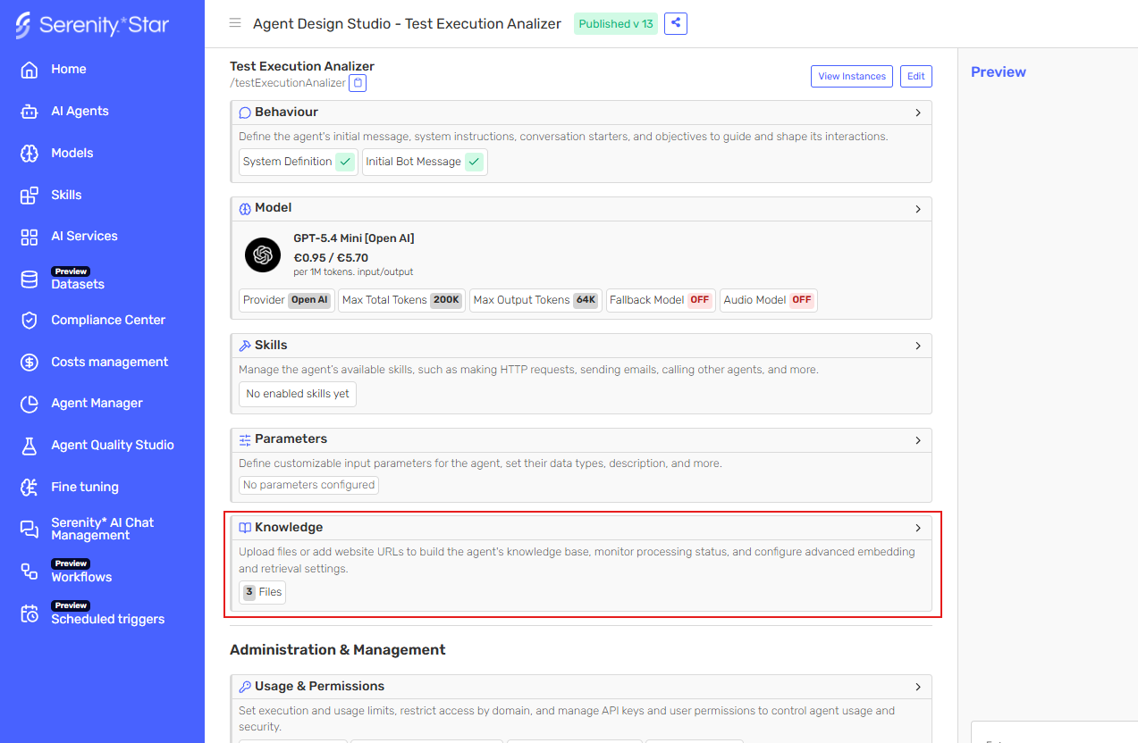 Knowledge card in the Agent Designer