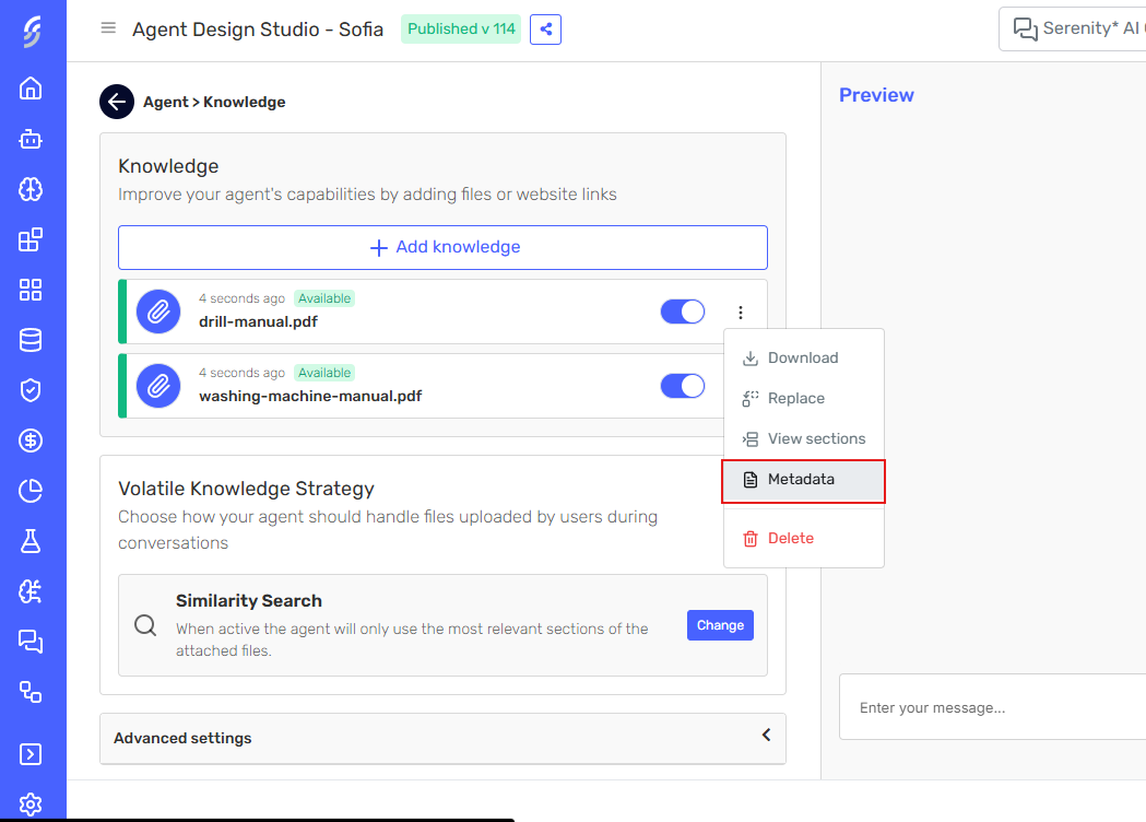 Knowledge source list with the dropdown menu open, showing the Metadata option